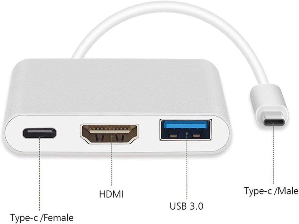 USB-C adapter 3 in 1 - USB + HDMI + USB-C - Zilver