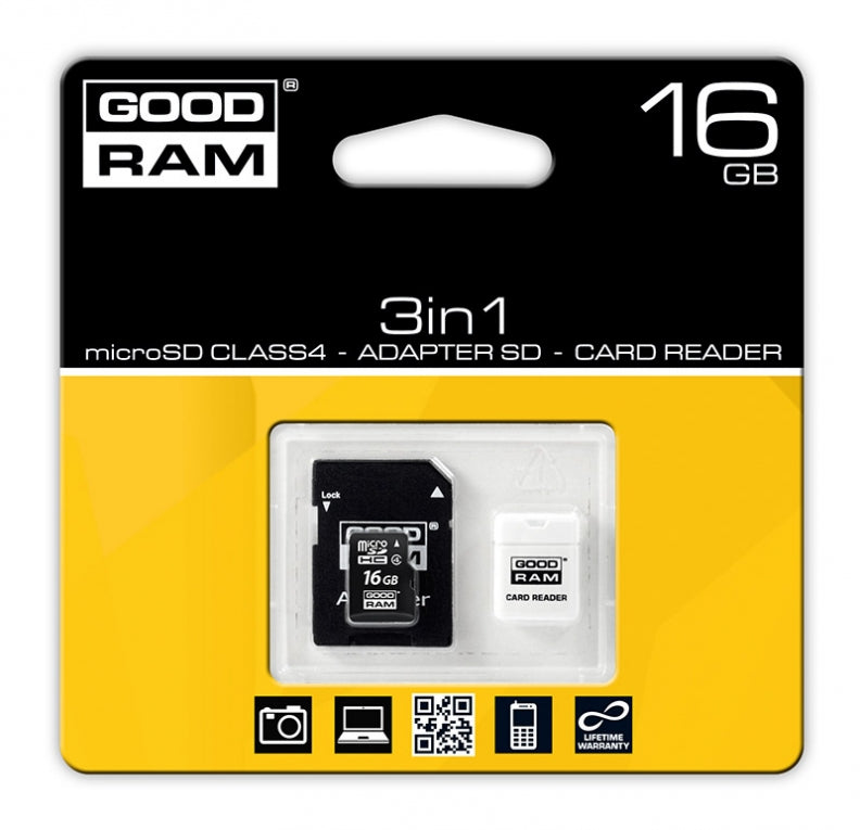 Micro SD-kaart 16GB Klasse 4 met SD en USB adapter