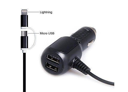Autolader lightning / micro USB - 2 in 1 kabel - ZWART - dual charger 2,1A