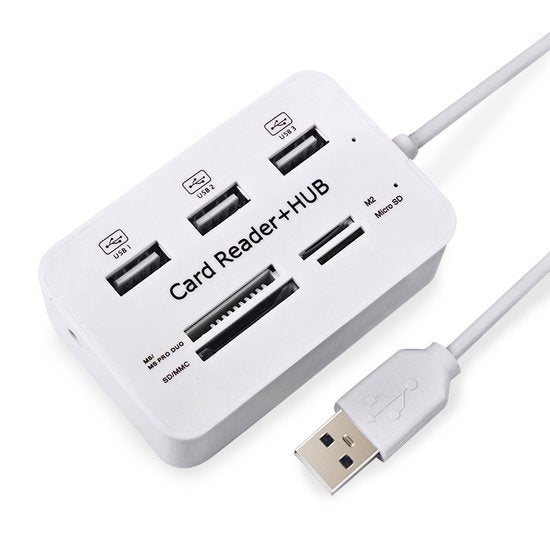 USB 2.0 Kaarlezer en 3-Poorts USB Hub - Wit