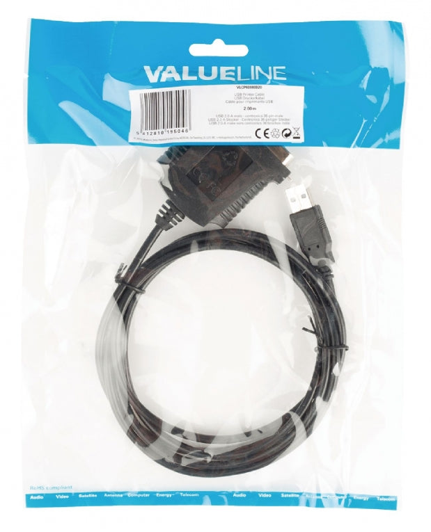 USB 2.0 naar Parallel IEEE1284 36-pins Centronics Male Kabel - 2 meter Zwart